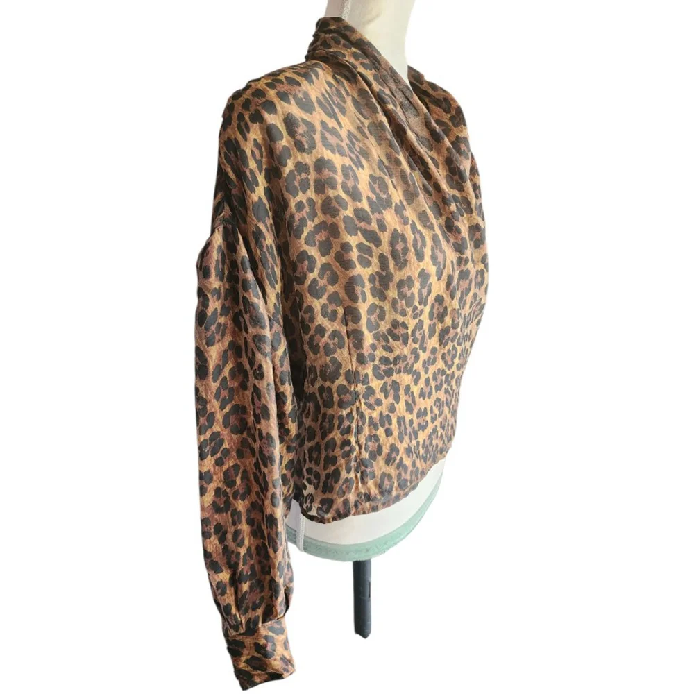 Vintage 80s Portara Leopard Print Sheer Wrap Blouse Size S 38 German Designer